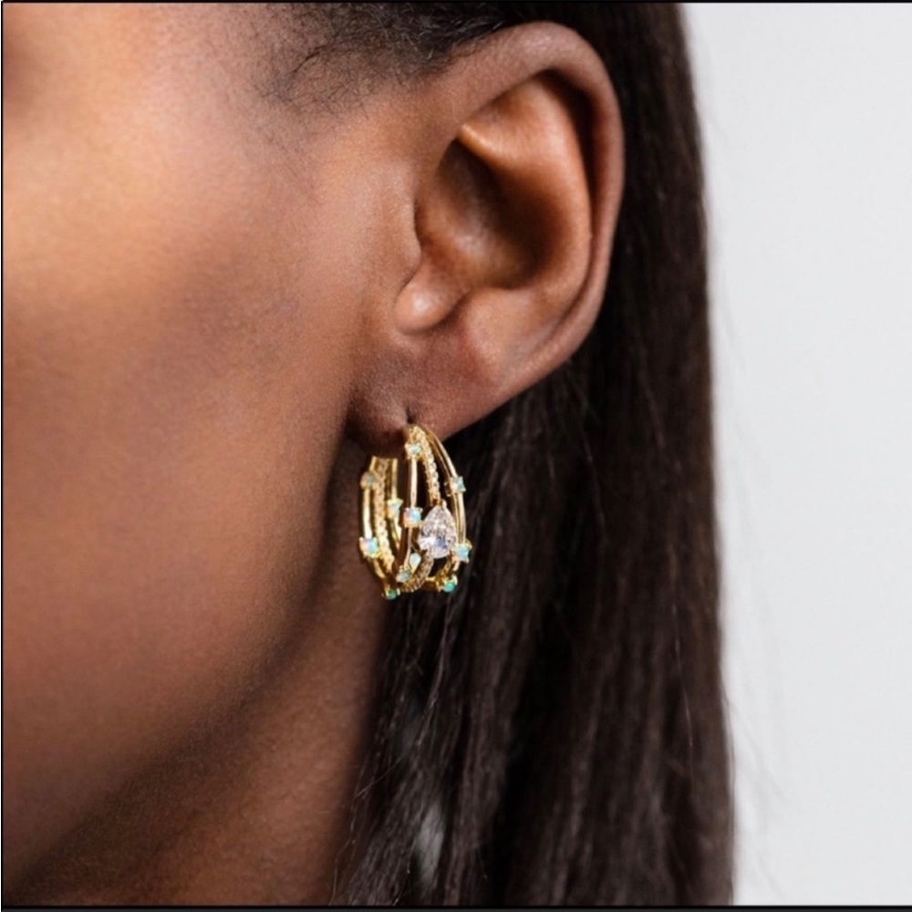 Gold Multi-Stone Hoop Earrings - Women Jewelry